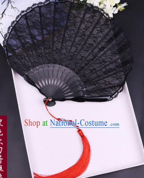 Handmade Chinese Black Lace Fan Traditional Classical Dance Accordion Fans Folding Fan