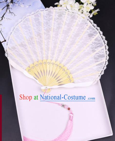 Handmade Chinese White Lace Fan Traditional Classical Dance Accordion Fans Folding Fan