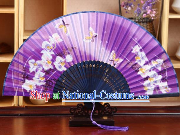 Handmade Chinese Printing Butterfly Purple Silk Fan Traditional Classical Dance Accordion Fans Folding Fan