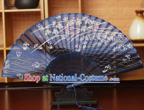 Handmade Chinese Printing Flowers Navy Silk Fan Traditional Classical Dance Accordion Fans Folding Fan