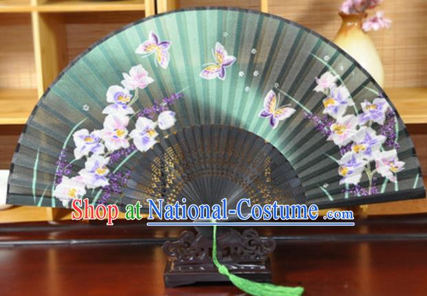 Handmade Chinese Printing Butterfly Green Silk Fan Traditional Classical Dance Accordion Fans Folding Fan