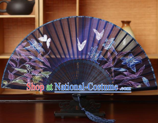 Handmade Chinese Printing Tuberose Purple Silk Fan Traditional Classical Dance Accordion Fans Folding Fan