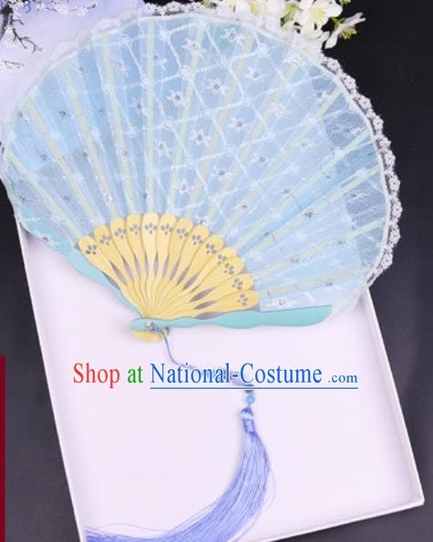 Handmade Chinese Light Blue Lace Fan Traditional Classical Dance Accordion Fans Folding Fan