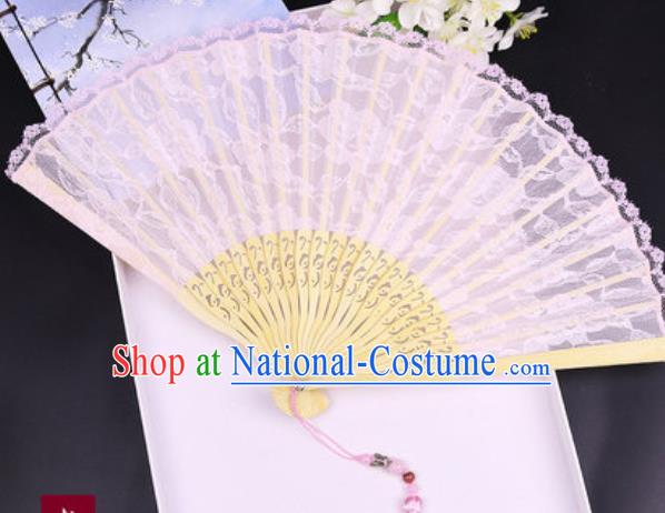 Handmade Chinese Light Pink Lace Fan Traditional Classical Dance Accordion Fans Folding Fan