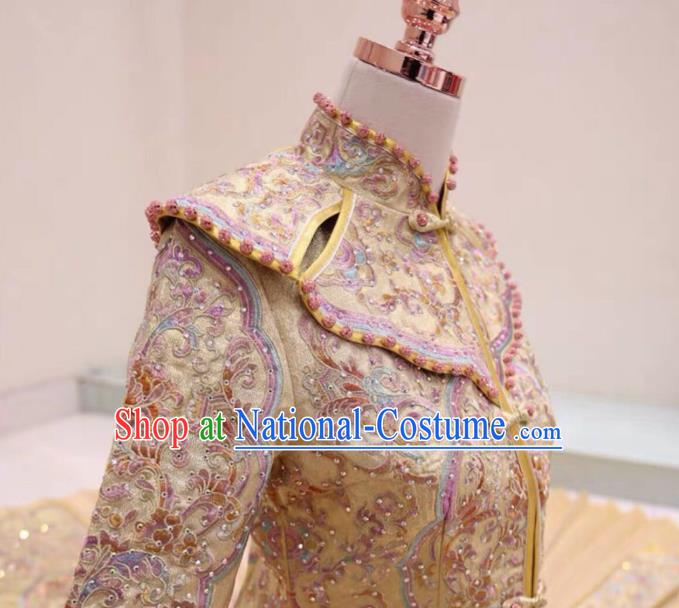 Chinese Traditional Xiu He Suit Embroidered Champagne Dress China Ancient Bride Wedding Costume for Women