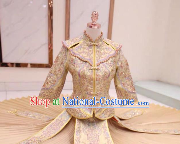 Chinese Traditional Xiu He Suit Embroidered Champagne Dress China Ancient Bride Wedding Costume for Women