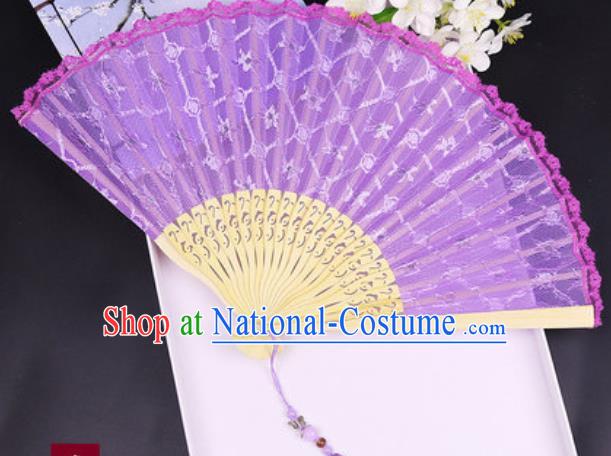 Handmade Chinese Purple Lace Fan Traditional Classical Dance Accordion Fans Folding Fan