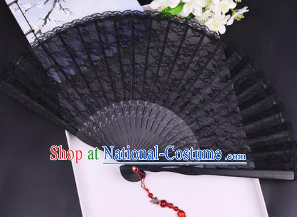 Handmade Chinese Black Lace Fan Traditional Classical Dance Accordion Fans Folding Fan