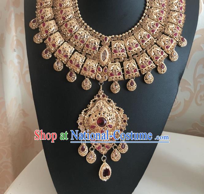 Indian Traditional Wedding Red Gem Necklace Asian India Bride Jewelry Accessories for Women