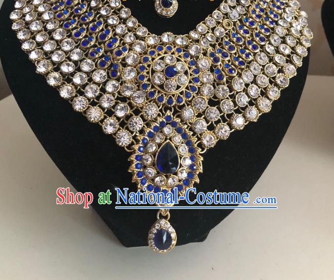 Indian Traditional Wedding Blue Crystal Necklace Asian India Bride Jewelry Accessories for Women