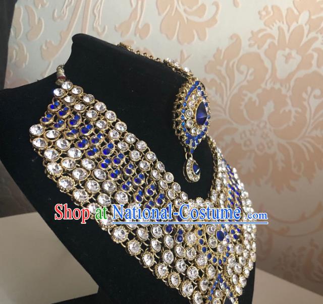 Indian Traditional Wedding Blue Crystal Necklace Asian India Bride Jewelry Accessories for Women