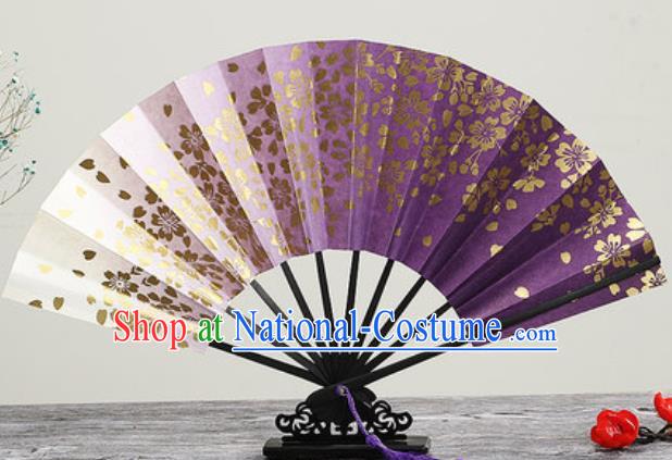 Handmade Chinese Printing Golden Sakura Purple Fan Traditional Classical Dance Accordion Fans Folding Fan