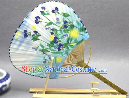 Handmade Chinese Printing Phalaenopsis Blue Paper Fans Traditional Classical Dance Palace Fan for Women