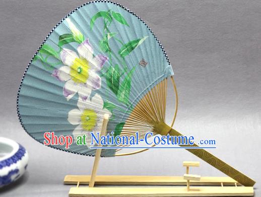 Handmade Chinese Printing Flowers Blue Paper Fans Traditional Classical Dance Palace Fan for Women