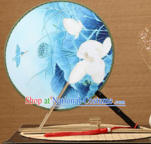 Handmade Chinese Printing Lotus Blue Palace Fans Traditional Classical Dance Round Fan for Women