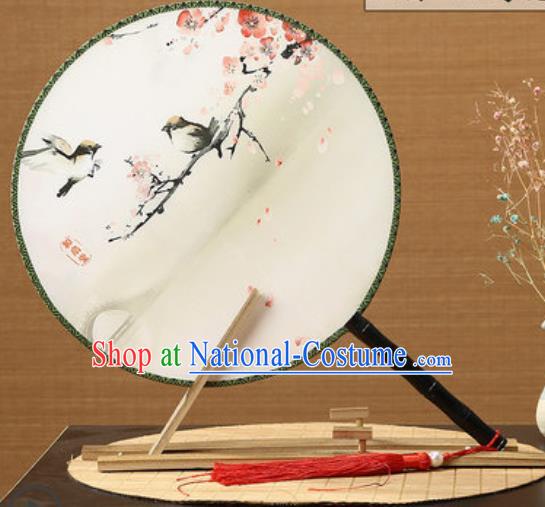 Handmade Chinese Printing Plum Birds Palace Fans Traditional Classical Dance Round Fan for Women