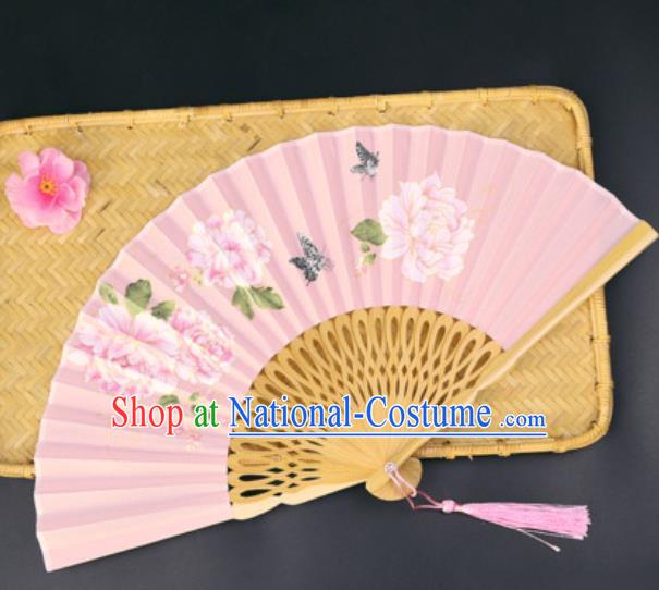 Handmade Chinese Printing Peony Pink Silk Fan Traditional Classical Dance Accordion Fans Folding Fan