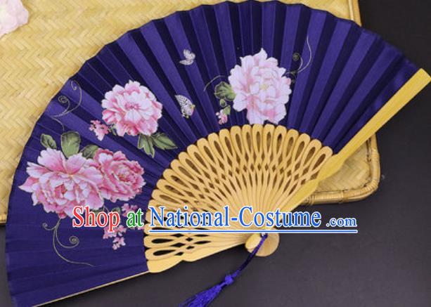 Handmade Chinese Printing Peony Royalblue Silk Fan Traditional Classical Dance Accordion Fans Folding Fan