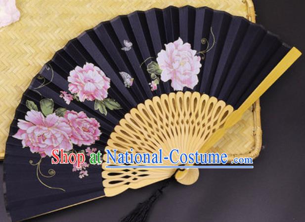 Handmade Chinese Printing Peony Black Silk Fan Traditional Classical Dance Accordion Fans Folding Fan