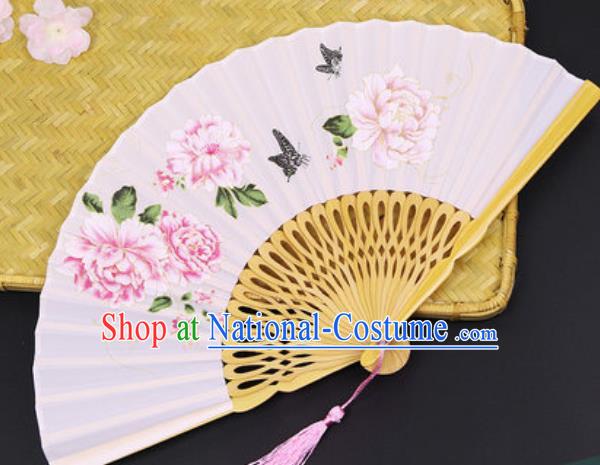 Handmade Chinese Printing Peony Light Pink Silk Fan Traditional Classical Dance Accordion Fans Folding Fan