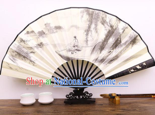 Handmade Chinese Ink Painting Fishing Carving Fan Traditional Classical Dance Accordion Fans Folding Fan