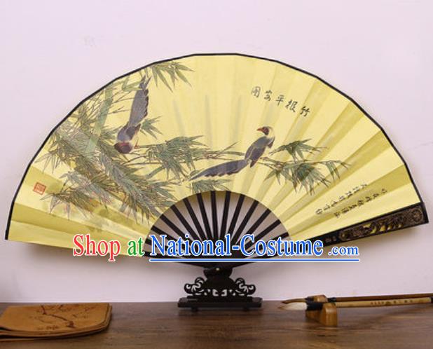 Handmade Chinese Ink Painting Bamboo Birds Yellow Carving Fan Traditional Classical Dance Accordion Fans Folding Fan