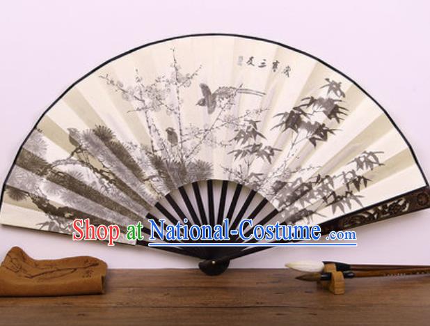 Handmade Chinese Ink Painting Pine Bamboo Plum Carving Fan Traditional Classical Dance Accordion Fans Folding Fan