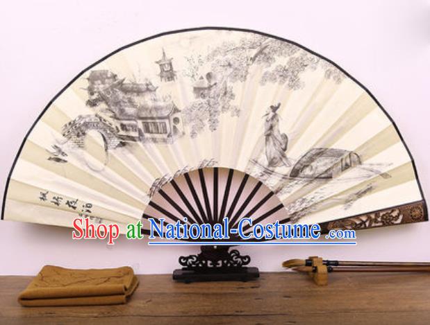 Handmade Chinese Ink Painting Maple Bridge Carving Fan Traditional Classical Dance Accordion Fans Folding Fan