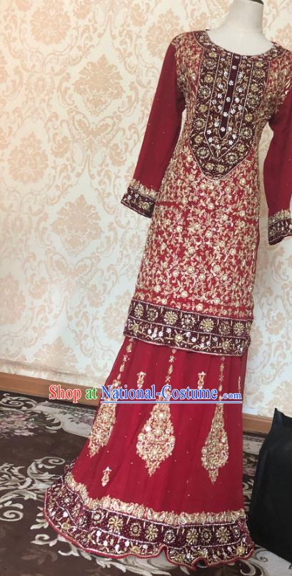 Indian Traditional Embroidered Red Lehenga Dress Asian Hui Nationality Bride Wedding Costume for Women