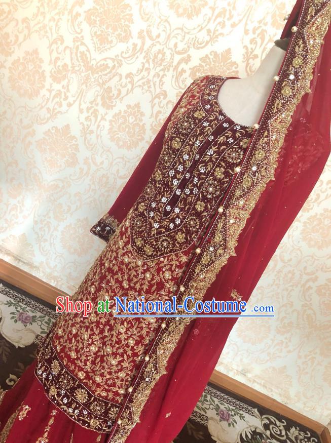 Indian Traditional Embroidered Red Lehenga Dress Asian Hui Nationality Bride Wedding Costume for Women