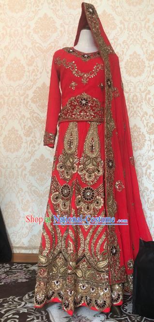 Indian Traditional Embroidered Red Lehenga Dress Asian Hui Nationality Bride Wedding Costume for Women