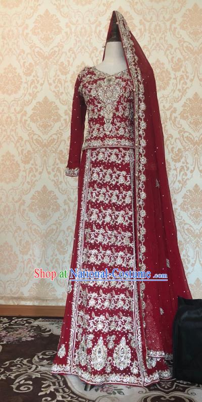 Indian Traditional Embroidered Wine Red Lehenga Dress Asian Hui Nationality Bride Wedding Costume for Women