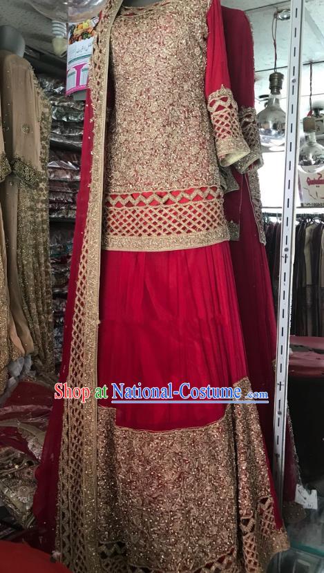 Indian Traditional Bride Exquisite Embroidered Wine Red Lehenga Dress Asian Hui Nationality Wedding Costume for Women