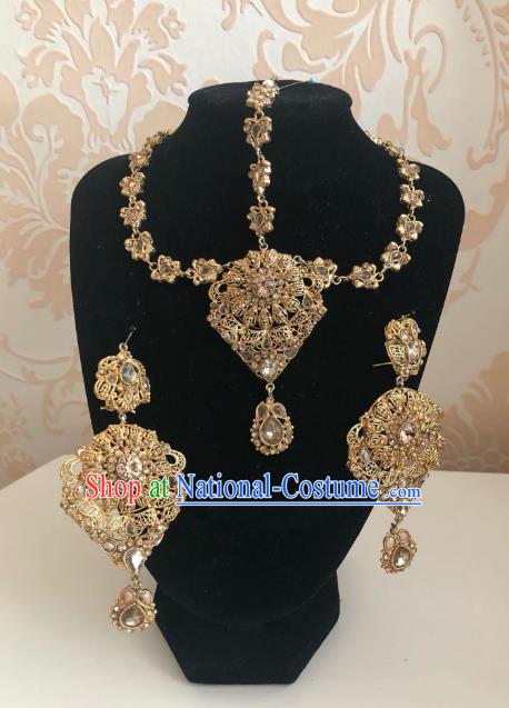 Indian Traditional Wedding Golden Eyebrows Pendant and Earrings Asian India Bride Headwear Jewelry Accessories for Women