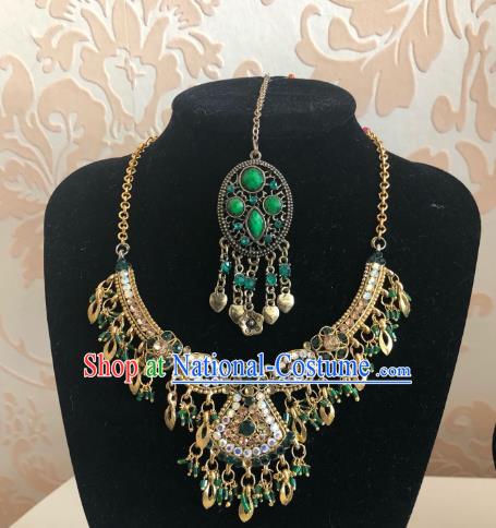 Indian Traditional Wedding Green Beads Eyebrows Pendant and Necklace Asian India Bride Headwear Jewelry Accessories for Women