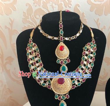 Indian Traditional Wedding Colorful Gems Eyebrows Pendant and Necklace Asian India Bride Headwear Jewelry Accessories for Women