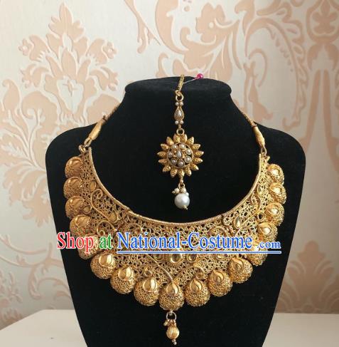 Indian Traditional Wedding Golden Eyebrows Pendant and Necklace Asian India Bride Headwear Jewelry Accessories for Women