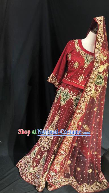 Indian Traditional Bride Dark Red Lehenga Exquisite Embroidered Dress Asian Hui Nationality Wedding Costume for Women