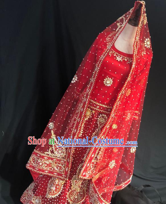 Indian Traditional Bride Red Lehenga Embroidered Dress Asian Hui Nationality Wedding Costume for Women