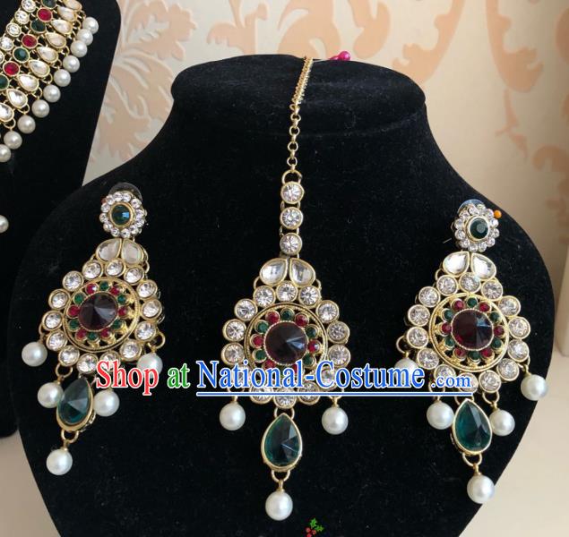 Indian Traditional Wedding Green Crystal Eyebrows Pendant and Earrings Asian India Bride Headwear Jewelry Accessories for Women