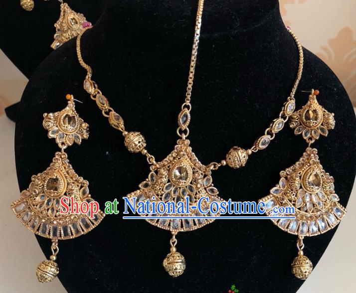 Indian Traditional Wedding Golden Eyebrows Pendant and Earrings Asian India Bride Headwear Jewelry Accessories for Women