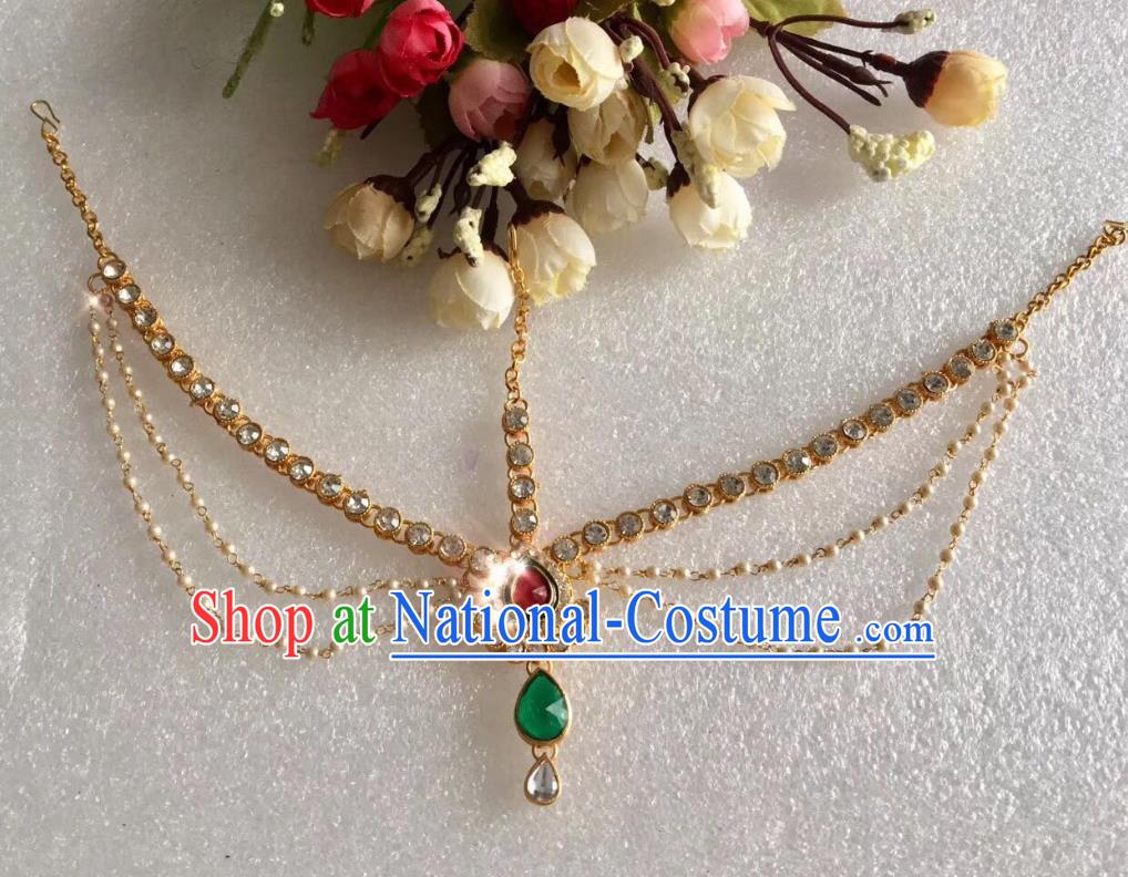 Indian Traditional Wedding Green Crystal Pearls Eyebrows Pendant Asian India Bride Headwear Jewelry Accessories for Women