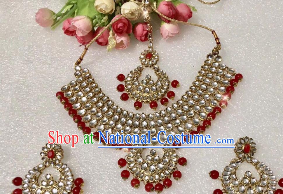 Indian Traditional Wedding Red Beads Eyebrows Pendant Necklace and Earrings Asian India Bride Headwear Jewelry Accessories for Women