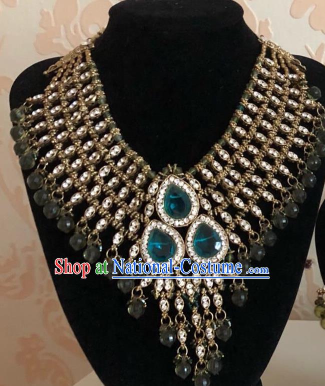 Indian Court Traditional Wedding Luxury Peacock Green Gem Necklace Asian India Bride Jewelry Accessories for Women