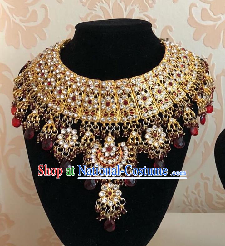 Indian Court Traditional Wedding Luxury Red Beads Golden Necklace Asian India Bride Jewelry Accessories for Women