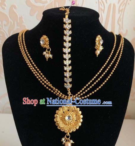 Traditional Indian Wedding Bride Golden Eyebrows Pendant and Earrings Asian India Headwear Jewelry Accessories for Women