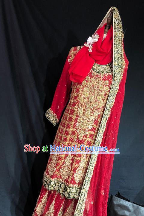 Indian Traditional Embroidered Beads Red Lehenga Dress Asian Hui Nationality Bride Wedding Costume for Women