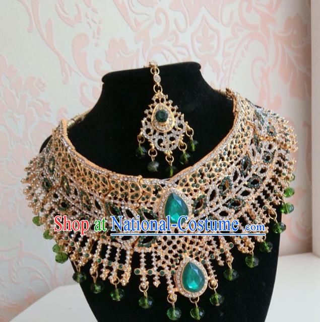 Traditional Indian Court Wedding Green Crystal Eyebrows Pendant and Necklace Asian India Headwear Jewelry Accessories for Women