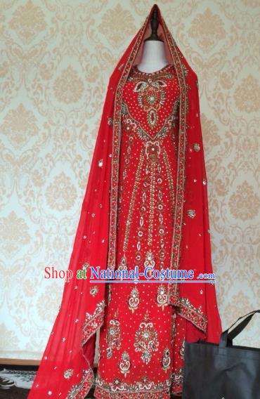 Indian Traditional Wedding Red Embroidered Costume Asian Hui Nationality Bride Lehenga Dress for Women