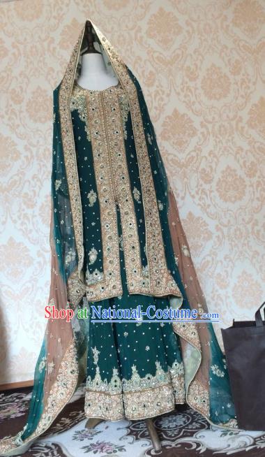 Indian Traditional Wedding Deep Green Embroidered Costume Asian Hui Nationality Bride Lehenga Dress for Women